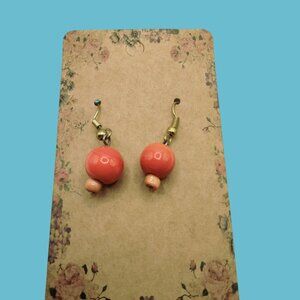 Handmade Coral Bead Drop Earrings With Gold Tone Hooks